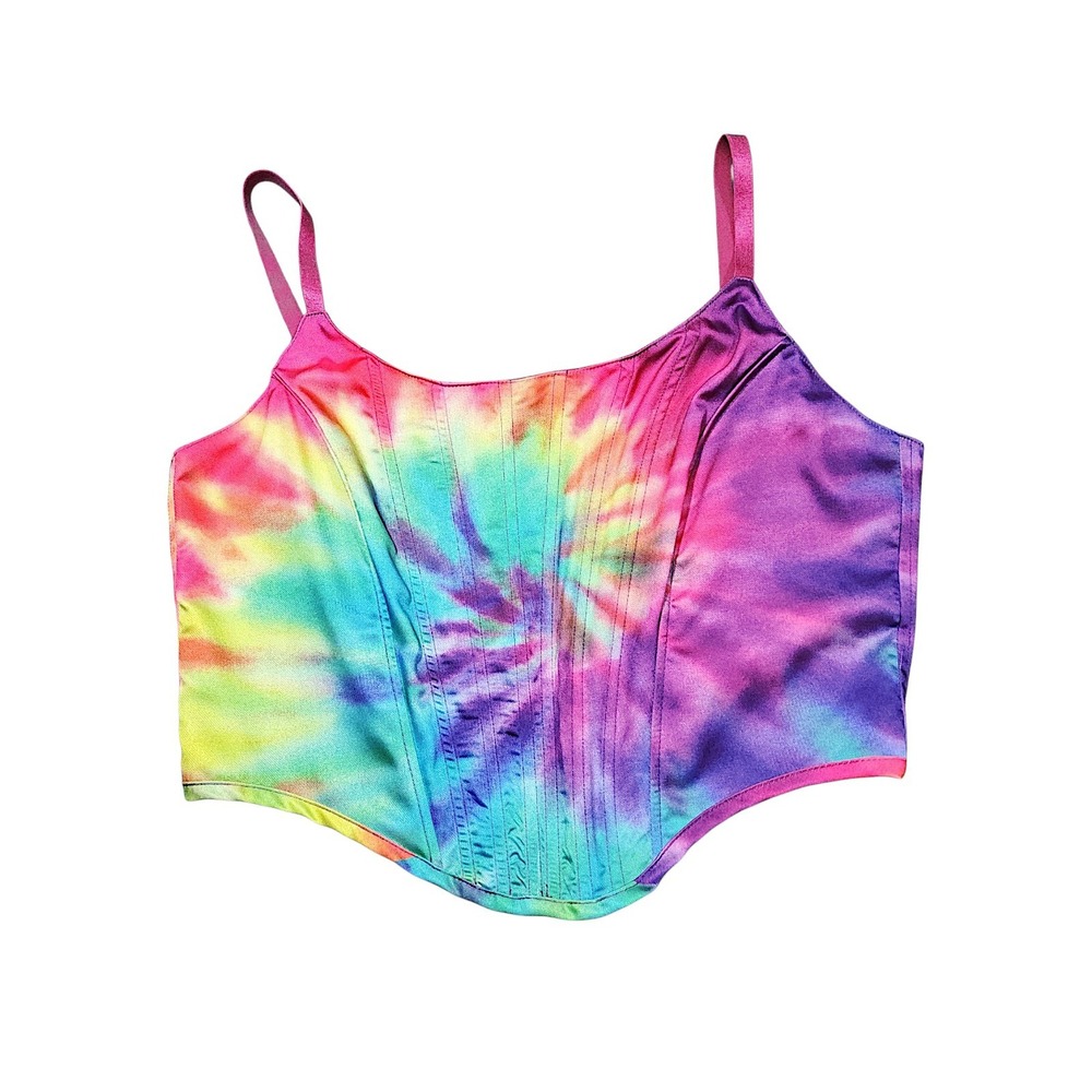 Current Mood Corset Top XXL Womens Purple Pink Tie Dye Satin Zip Back Dolls Kill